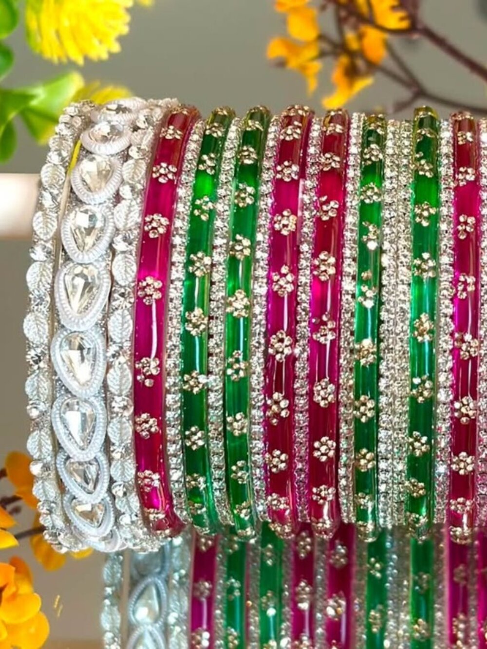 Multi-Piece Women's Pink & Green Acrylic Bangle Set, Silver-Tone Faux Crystal Rh